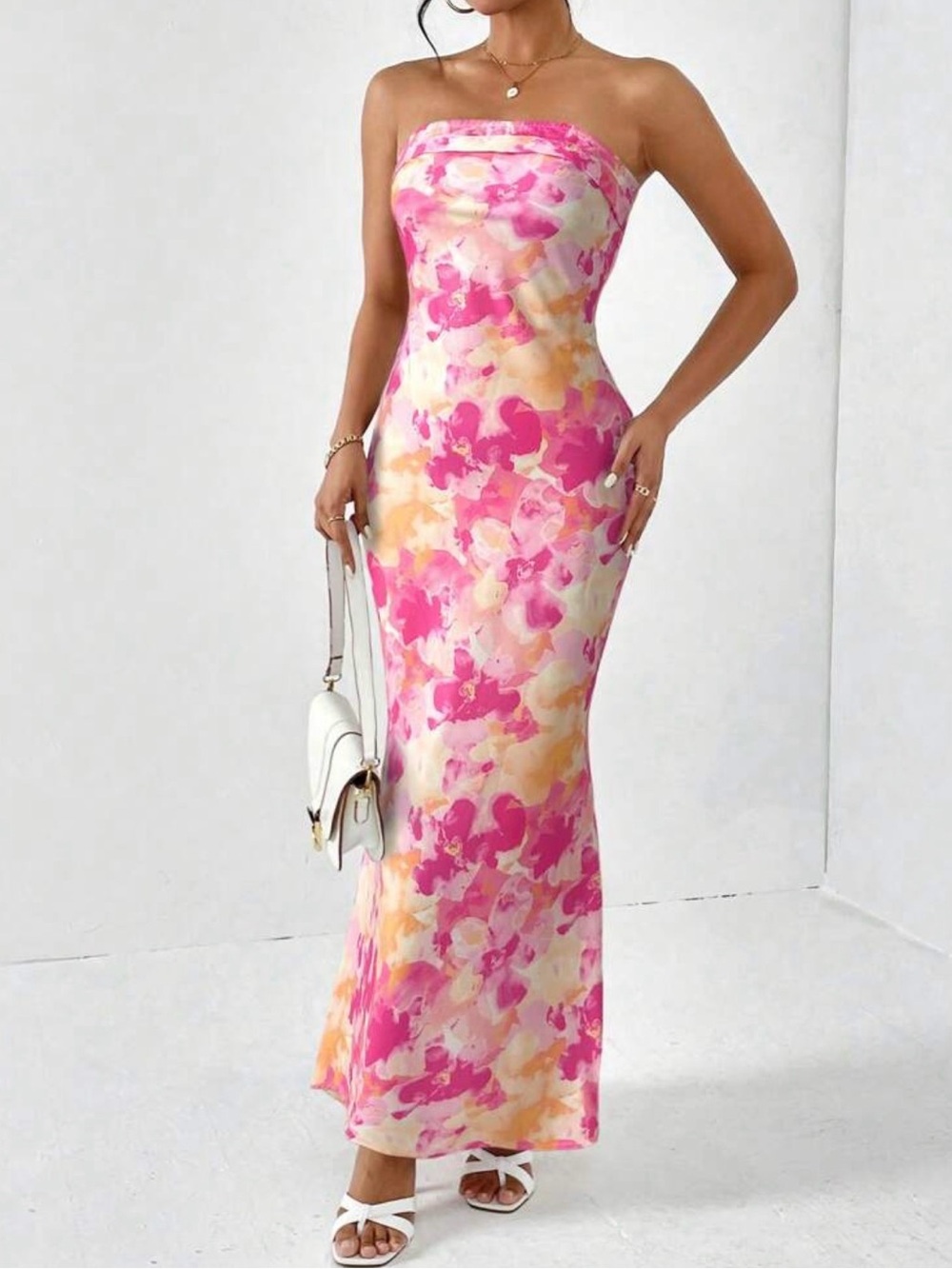 Strapless Pink Floral Slip Dress